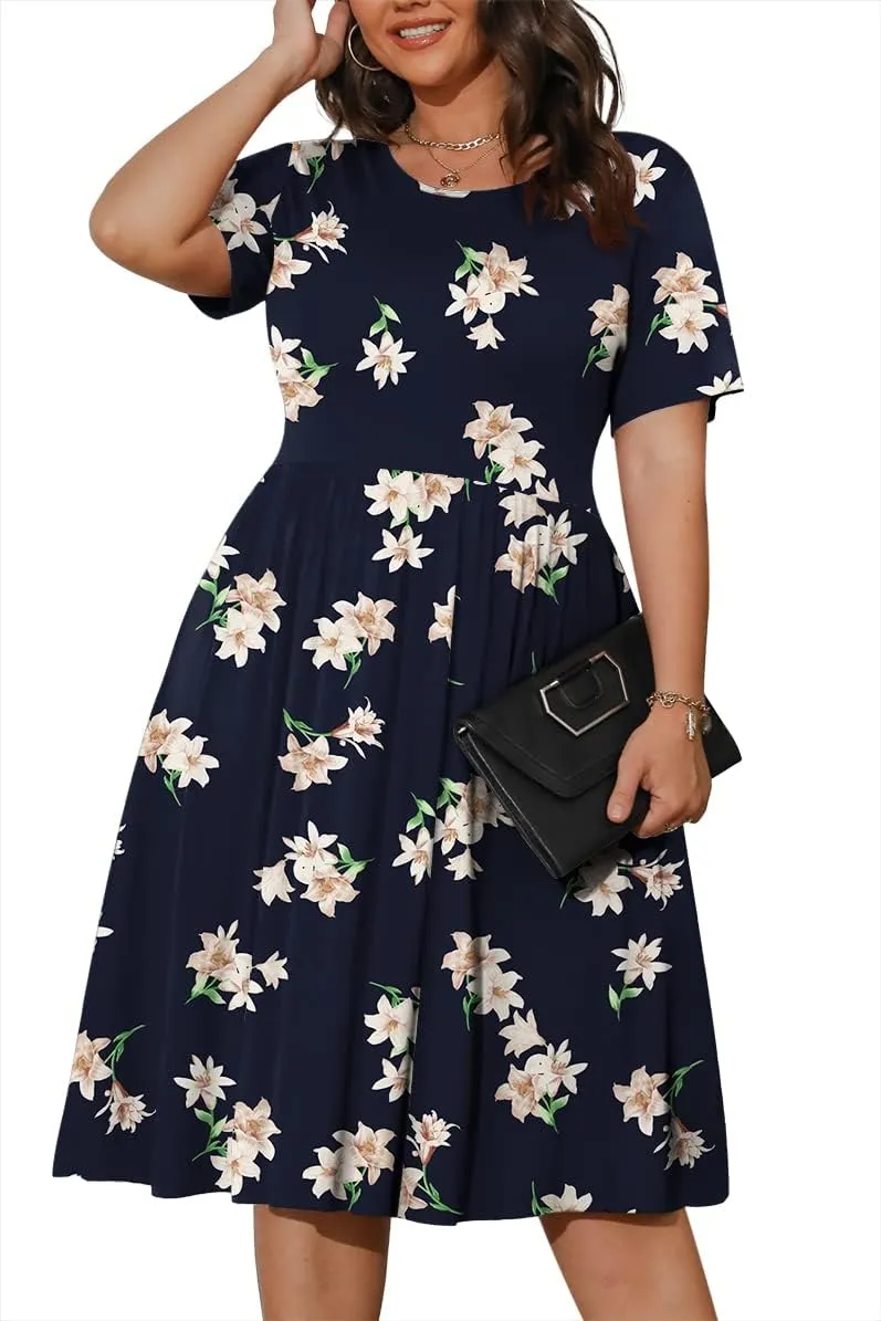 POSESHE Womens Plus Size Summer Dress 2025 Casual Short Sleeve Empire Waist Loose Fit Swing T-Shirt Dress with Pockets
