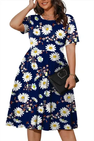 POSESHE Womens Plus Size Summer Dress 2025 Casual Short Sleeve Empire Waist Loose Fit Swing T-Shirt Dress with Pockets