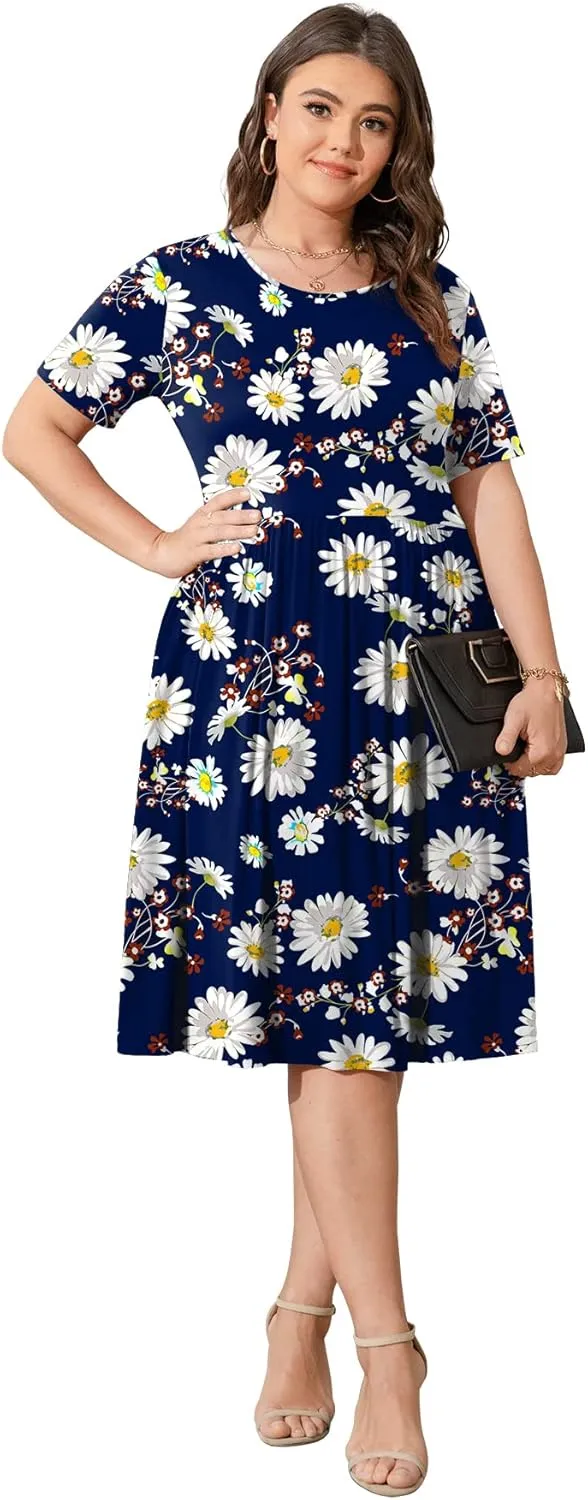 POSESHE Womens Plus Size Summer Dress 2025 Casual Short Sleeve Empire Waist Loose Fit Swing T-Shirt Dress with Pockets