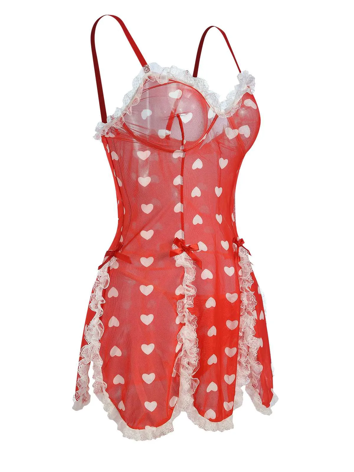 Red 1970s Christmas Lace Heart Ruffles Nightgown