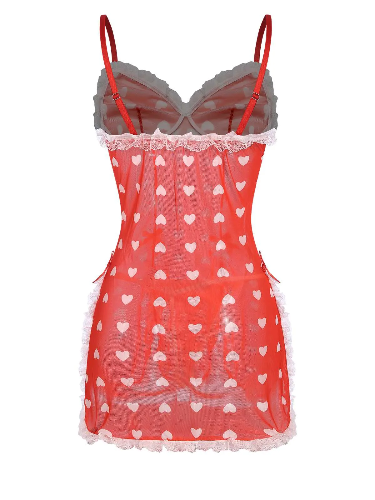 Red 1970s Christmas Lace Heart Ruffles Nightgown