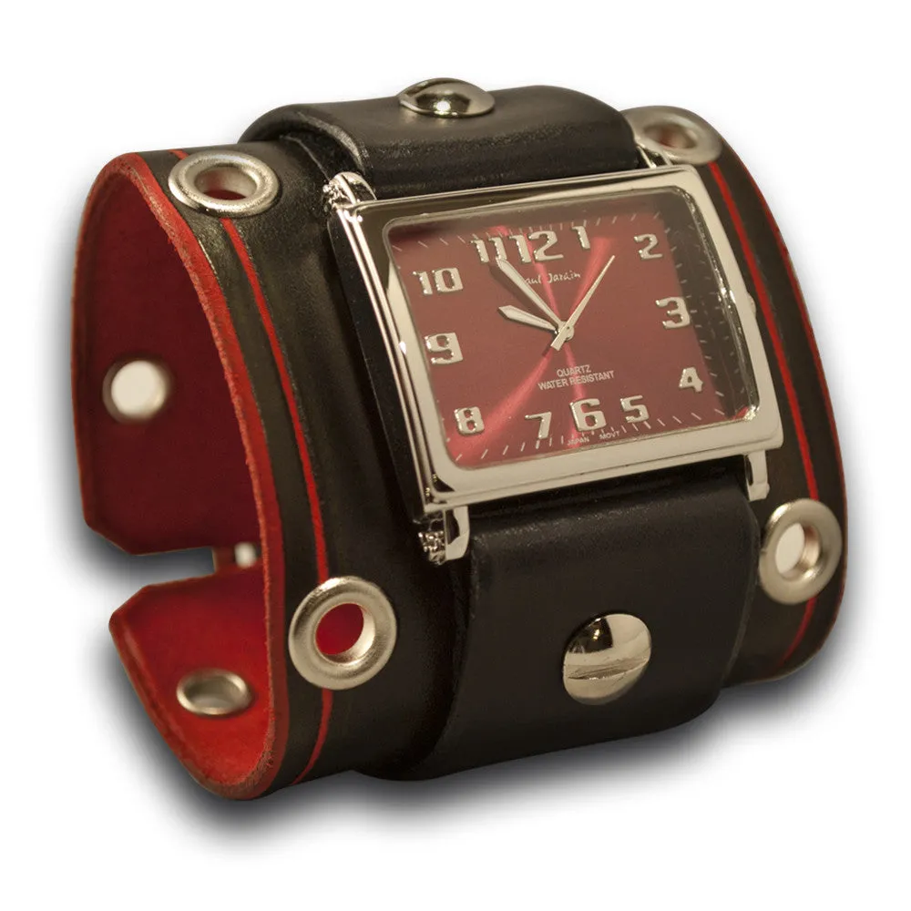 Rockstar Black & Red Leather Cuff Watch with Stainless Eyelets