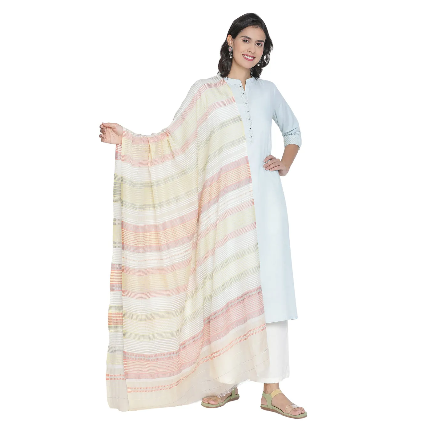 Rust With Multi Striped Dupatta