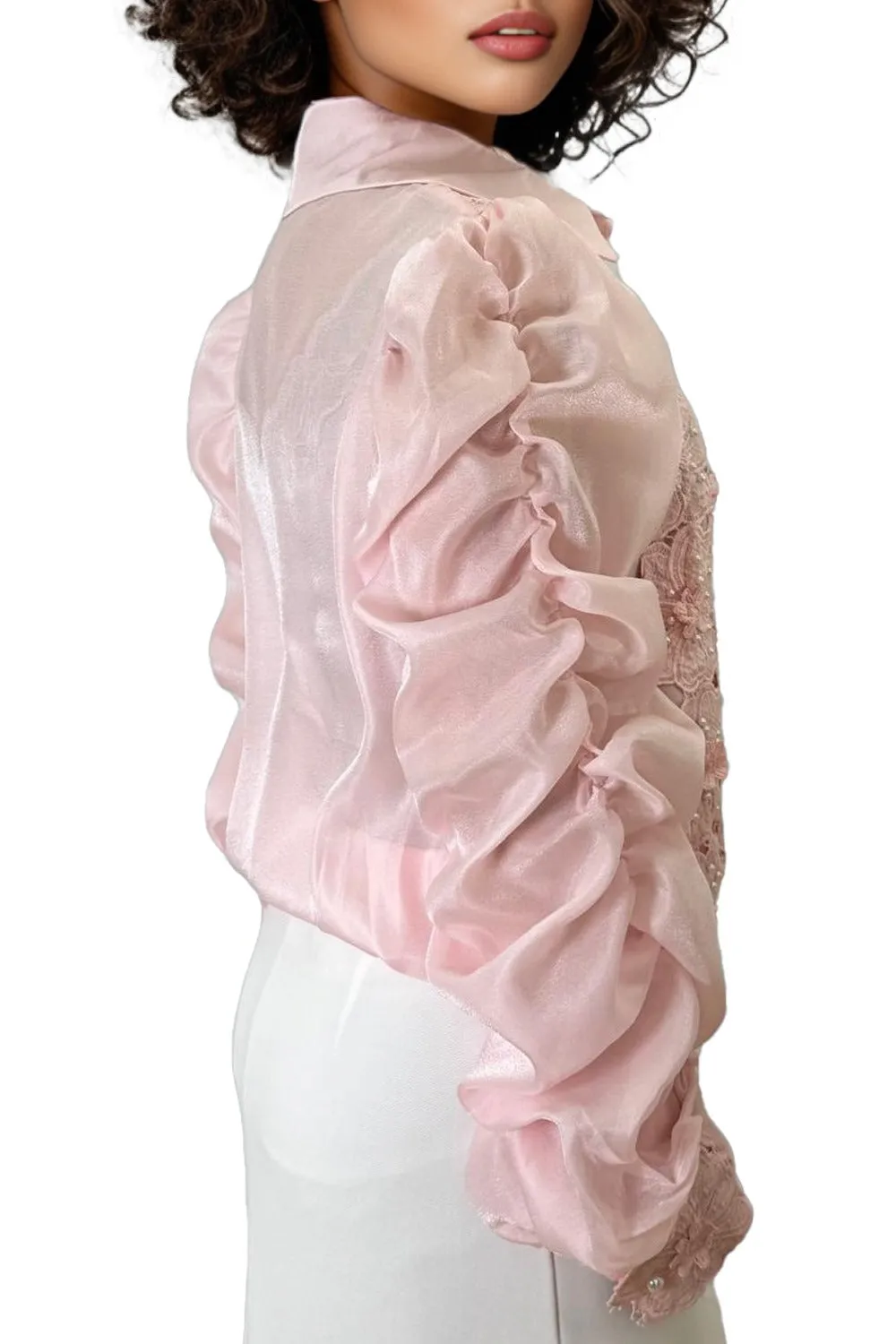 S3032 SHEER SCRUNCHED SLEEVE BUTTON DOWN TOP