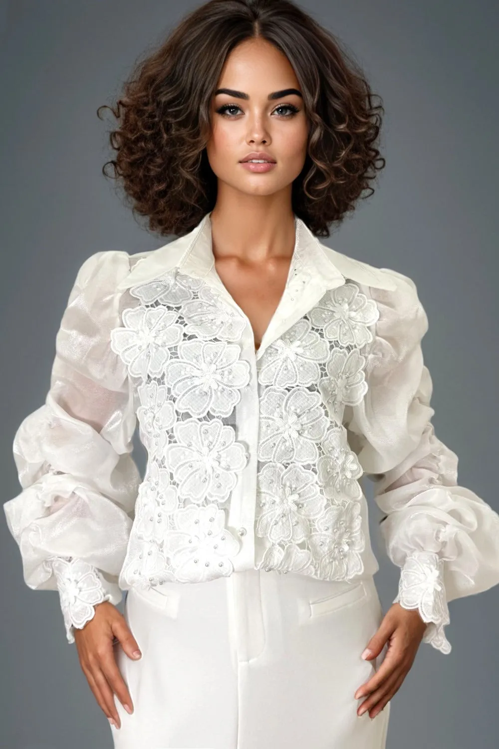 S3032 SHEER SCRUNCHED SLEEVE BUTTON DOWN TOP