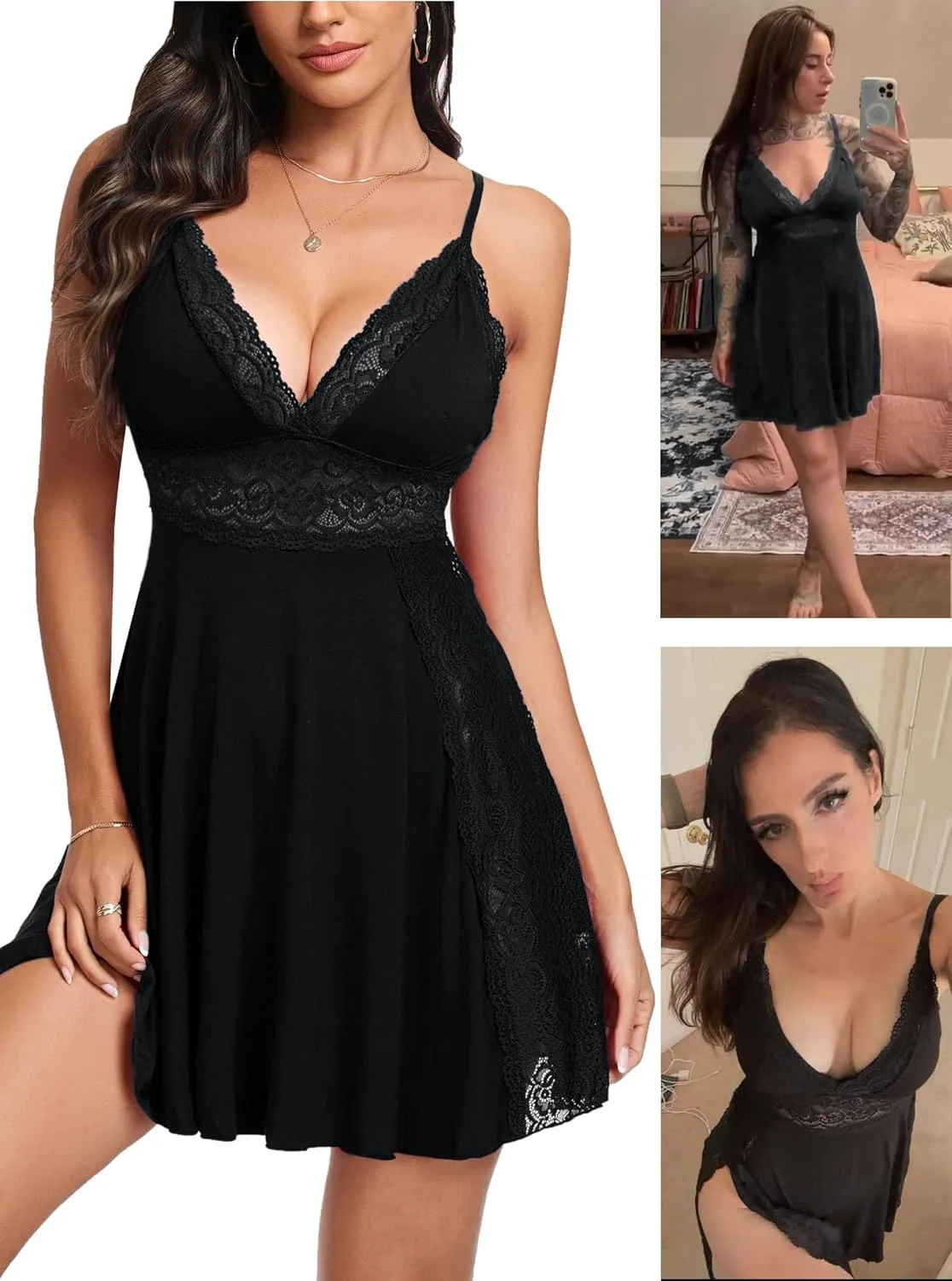 Sexy Night Gowns for Woman Sexy Sleepwear Lace Chemise V-Neck Babydoll Lingerie Slip Nightie with Side Slits