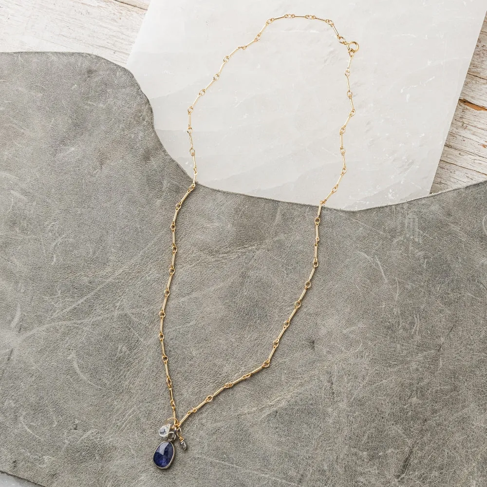 Tanzanite Necklace with Moonstone and Gray Diamond on Bar Chain