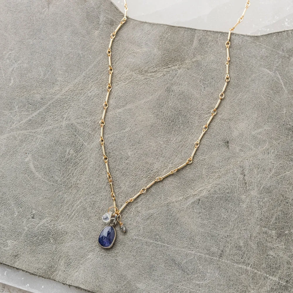 Tanzanite Necklace with Moonstone and Gray Diamond on Bar Chain