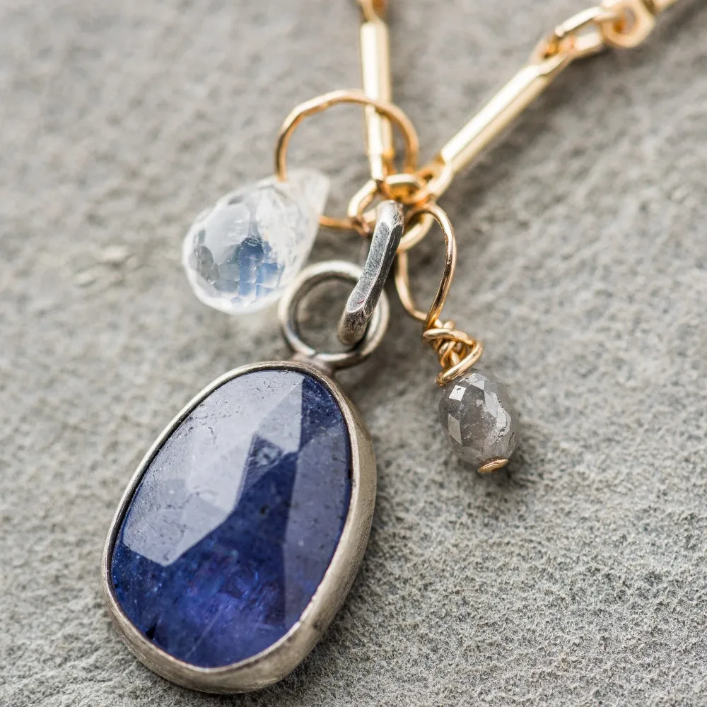 Tanzanite Necklace with Moonstone and Gray Diamond on Bar Chain