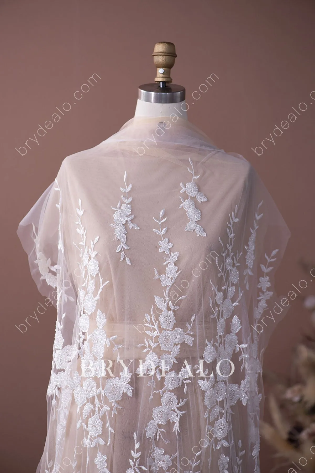 Trendy Exquisite Beaded Floral Leafy Bridal Lace Fabric