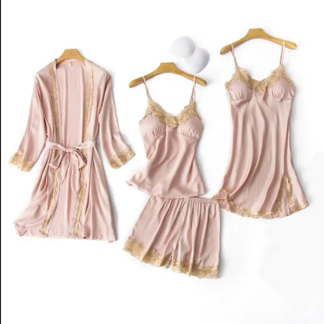 VenusFox Sexy Womens 5PCS Pajamas Set V-Neck Nighties Wear Home Negligee Nightwear Lingerie Pijama Spring Nighty Robe Gown Suit Sleepwear