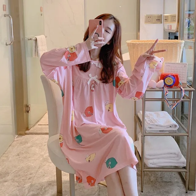 VenusFox Women Night Dress Blue Dot Print Oversize Sleepwear Cute Girls Lingerie Loose Long Sleeve O-Neck Lace Night Shirt Gown