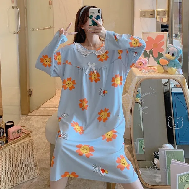 VenusFox Women Night Dress Blue Dot Print Oversize Sleepwear Cute Girls Lingerie Loose Long Sleeve O-Neck Lace Night Shirt Gown