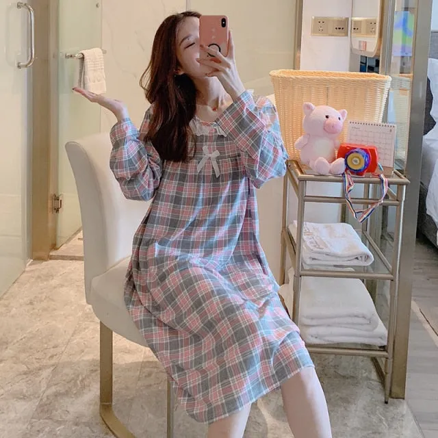 VenusFox Women Night Dress Blue Dot Print Oversize Sleepwear Cute Girls Lingerie Loose Long Sleeve O-Neck Lace Night Shirt Gown