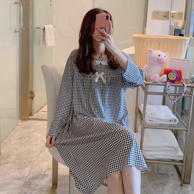 VenusFox Women Night Dress Blue Dot Print Oversize Sleepwear Cute Girls Lingerie Loose Long Sleeve O-Neck Lace Night Shirt Gown