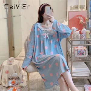 VenusFox Women Night Dress Blue Dot Print Oversize Sleepwear Cute Girls Lingerie Loose Long Sleeve O-Neck Lace Night Shirt Gown