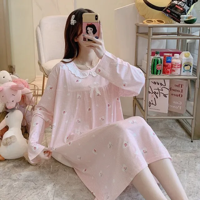 VenusFox Women Night Dress Blue Dot Print Oversize Sleepwear Cute Girls Lingerie Loose Long Sleeve O-Neck Lace Night Shirt Gown