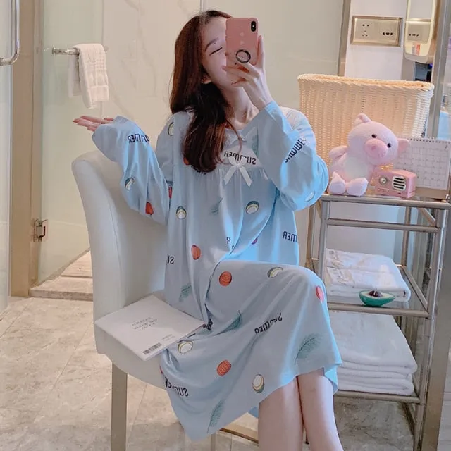VenusFox Women Night Dress Blue Dot Print Oversize Sleepwear Cute Girls Lingerie Loose Long Sleeve O-Neck Lace Night Shirt Gown
