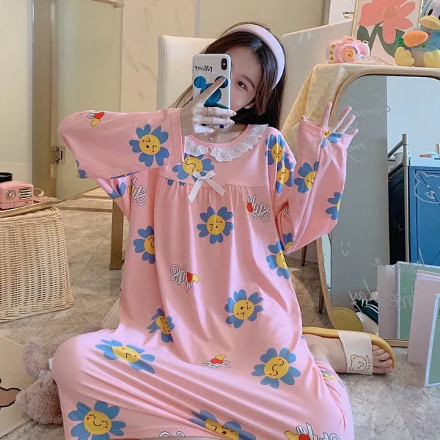 VenusFox Women Night Dress Blue Dot Print Oversize Sleepwear Cute Girls Lingerie Loose Long Sleeve O-Neck Lace Night Shirt Gown