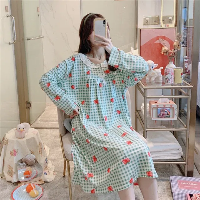 VenusFox Women Night Dress Blue Dot Print Oversize Sleepwear Cute Girls Lingerie Loose Long Sleeve O-Neck Lace Night Shirt Gown