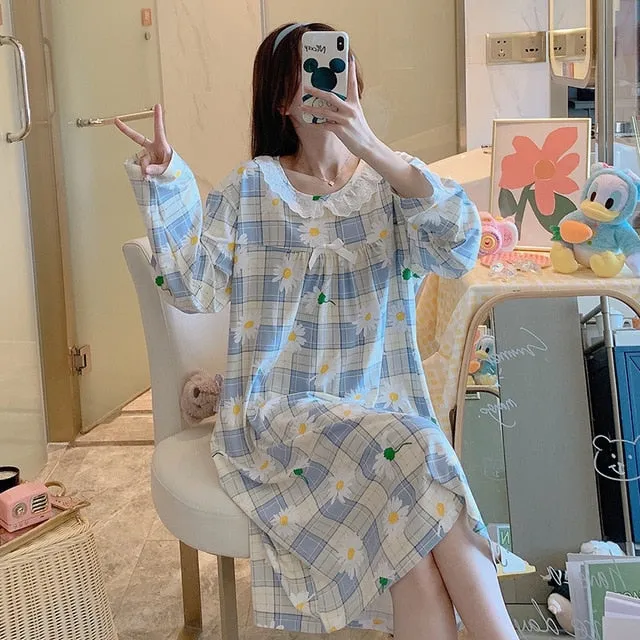 VenusFox Women Night Dress Blue Dot Print Oversize Sleepwear Cute Girls Lingerie Loose Long Sleeve O-Neck Lace Night Shirt Gown