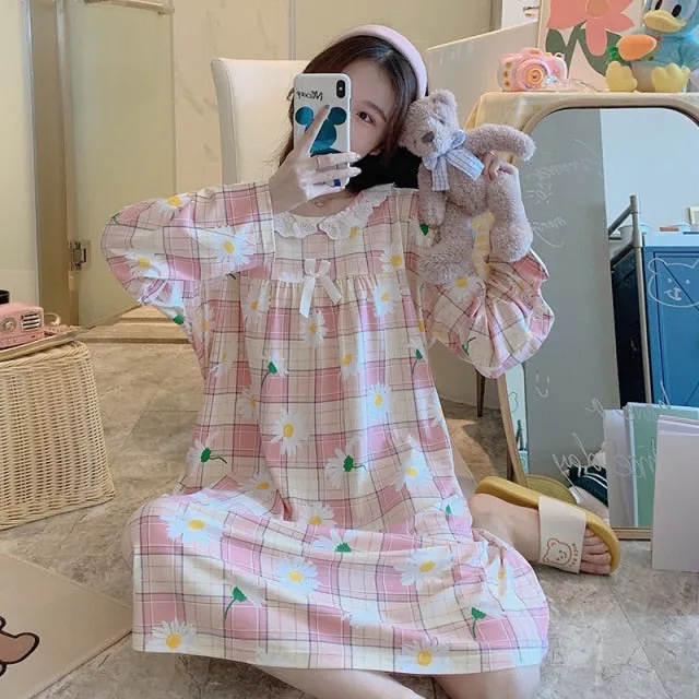 VenusFox Women Night Dress Blue Dot Print Oversize Sleepwear Cute Girls Lingerie Loose Long Sleeve O-Neck Lace Night Shirt Gown