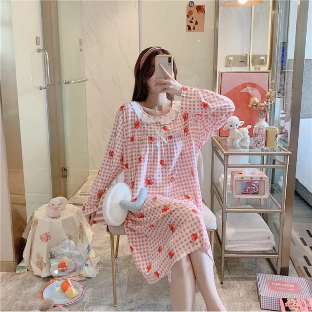 VenusFox Women Night Dress Blue Dot Print Oversize Sleepwear Cute Girls Lingerie Loose Long Sleeve O-Neck Lace Night Shirt Gown