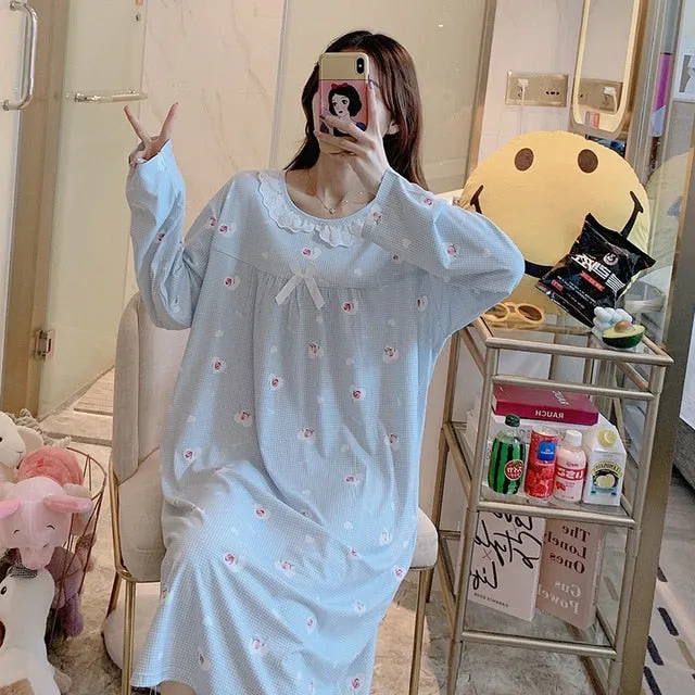VenusFox Women Night Dress Blue Dot Print Oversize Sleepwear Cute Girls Lingerie Loose Long Sleeve O-Neck Lace Night Shirt Gown
