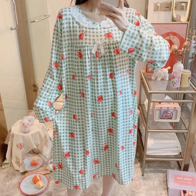 VenusFox Women Night Dress Blue Dot Print Oversize Sleepwear Cute Girls Lingerie Loose Long Sleeve O-Neck Lace Night Shirt Gown