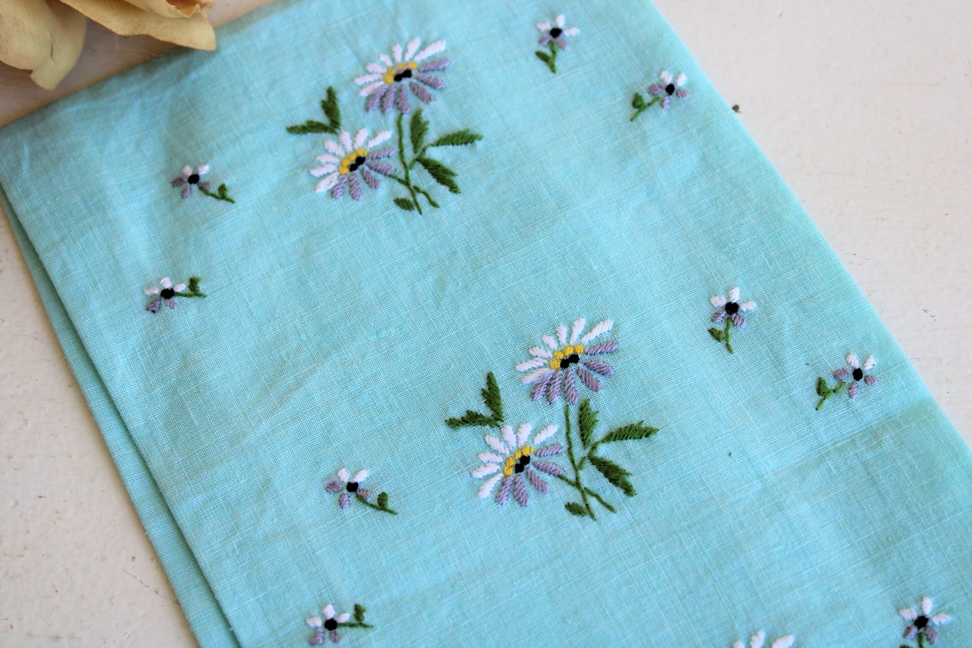 Vintage Robins Egg Blue Embroidered Tea Towel