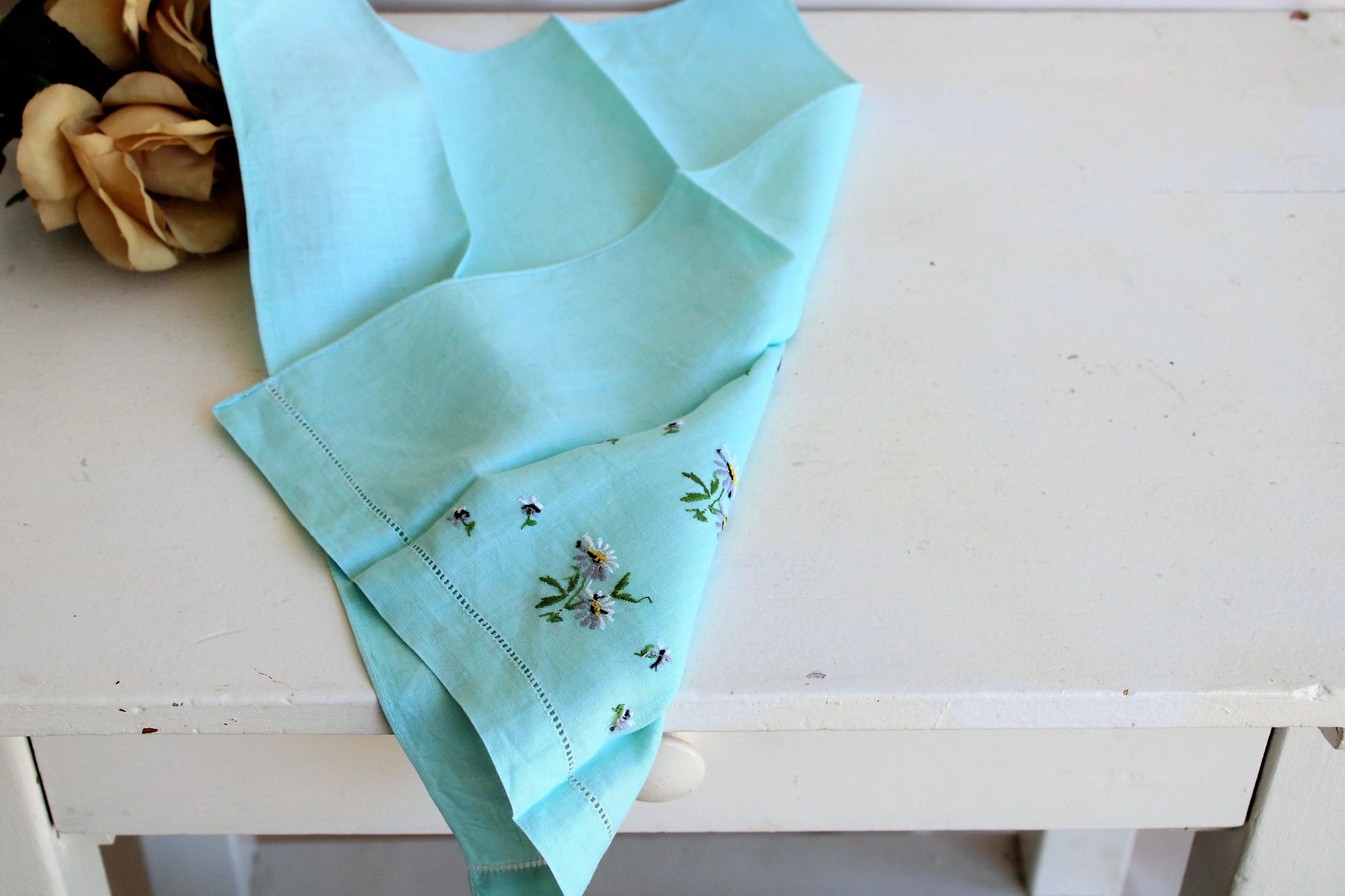 Vintage Robins Egg Blue Embroidered Tea Towel