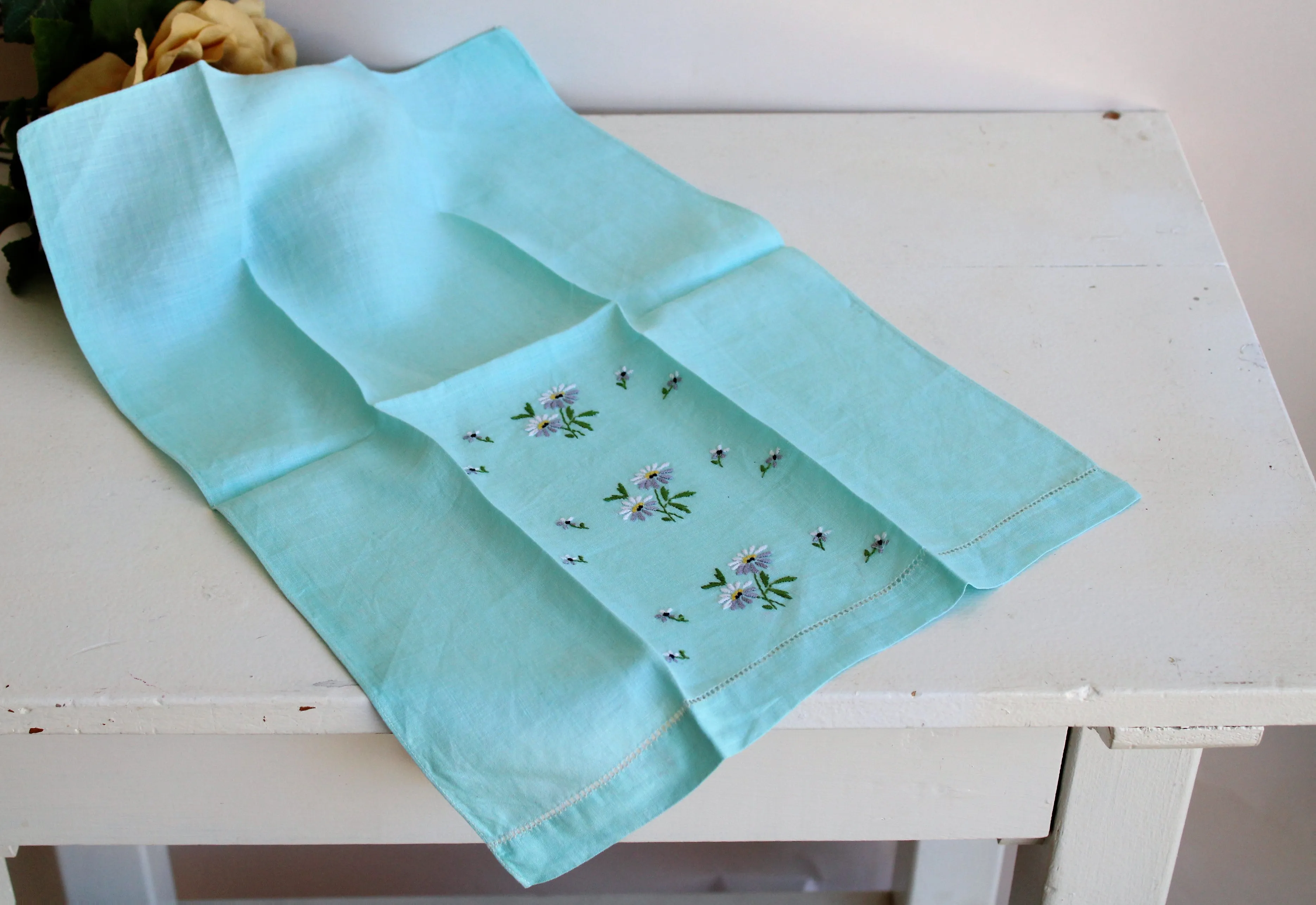 Vintage Robins Egg Blue Embroidered Tea Towel