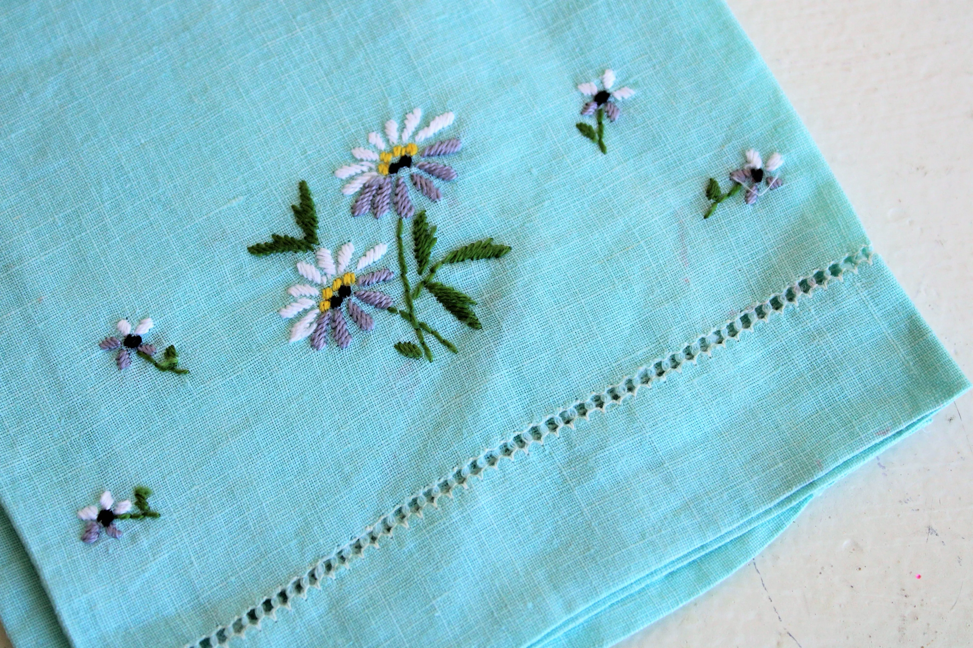 Vintage Robins Egg Blue Embroidered Tea Towel