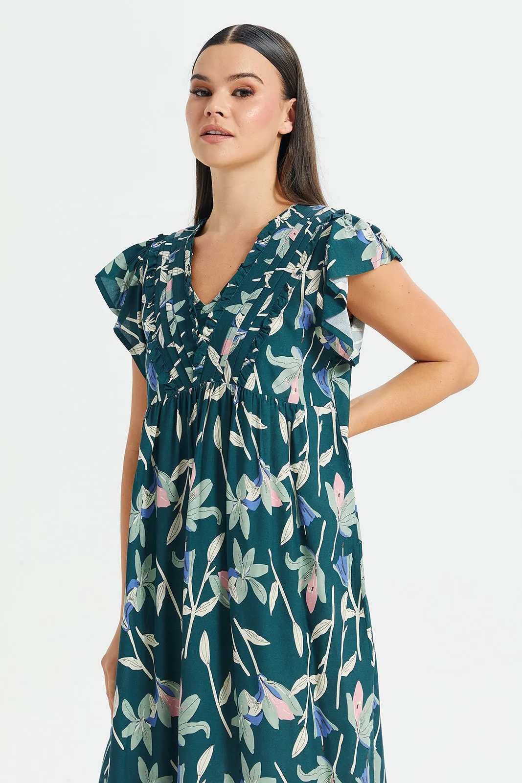 Women Green Floral Print Cap Sleeves Nightgown