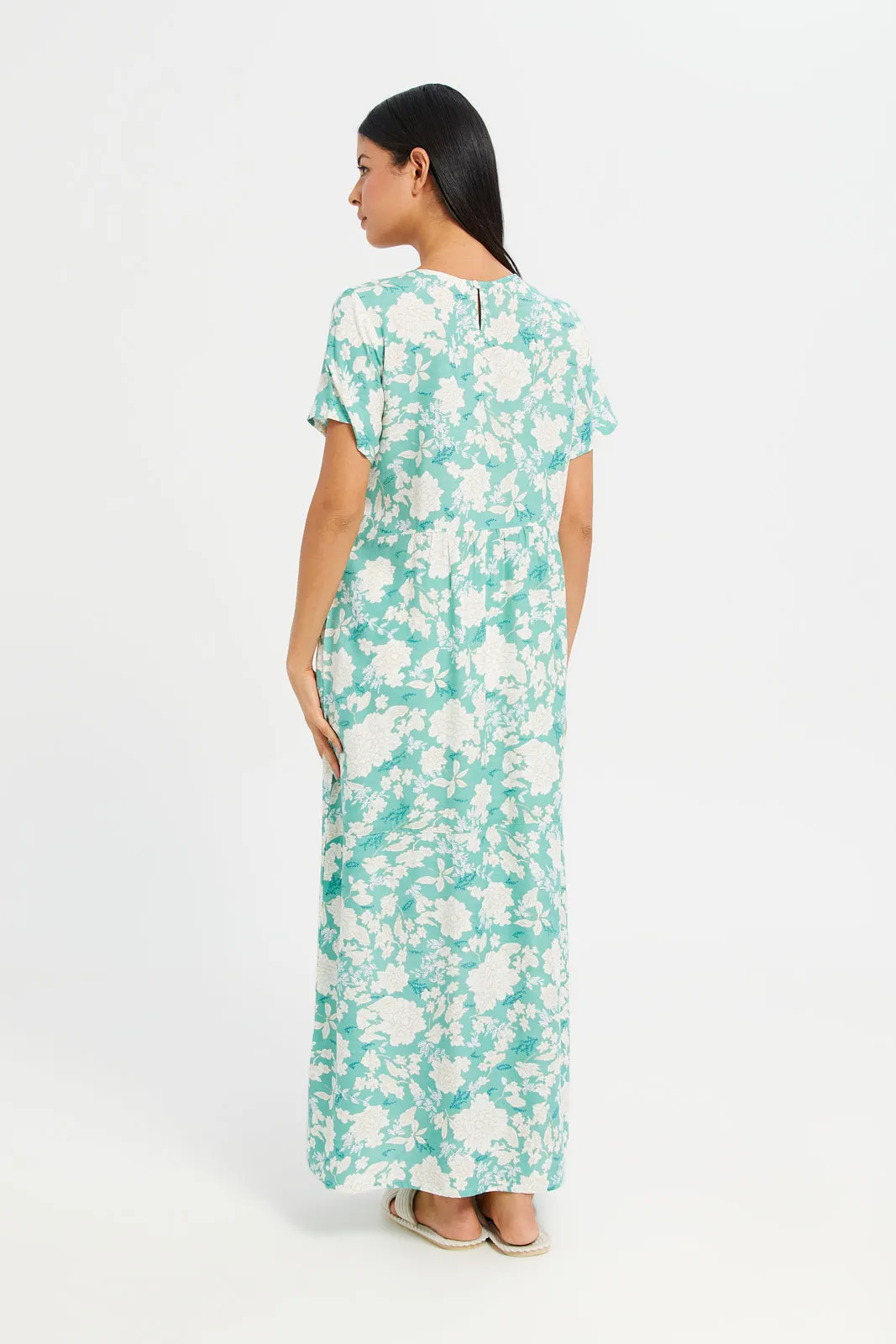 Women Green Printed Short Sleeve Nightgown
