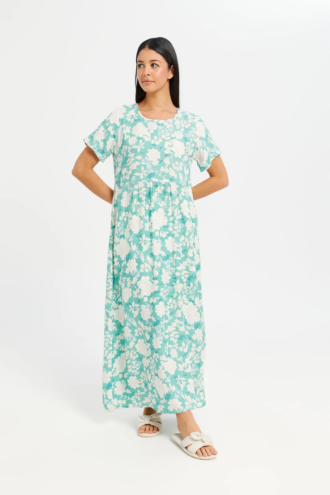 Women Green Printed Short Sleeve Nightgown