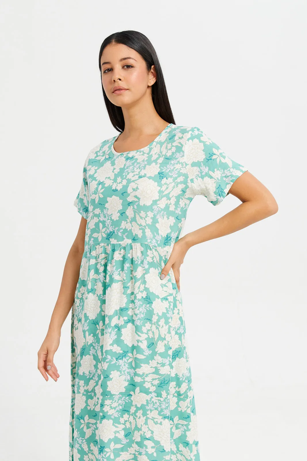 Women Green Printed Short Sleeve Nightgown