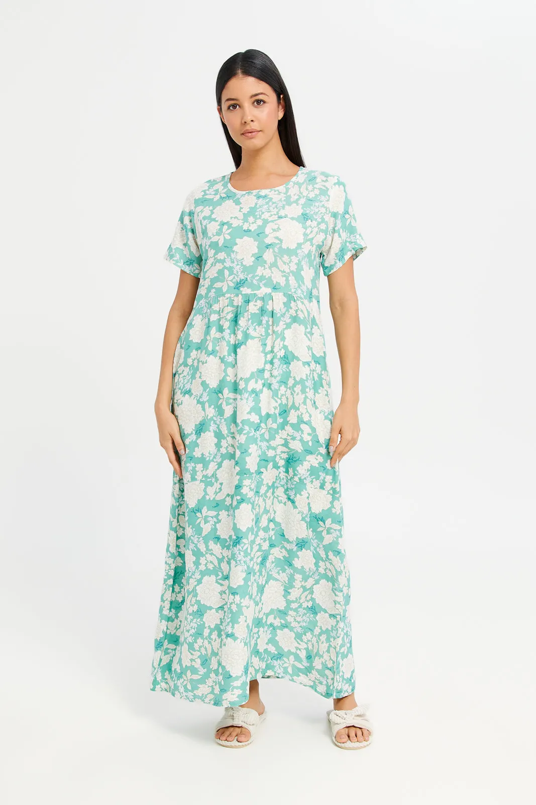 Women Green Printed Short Sleeve Nightgown