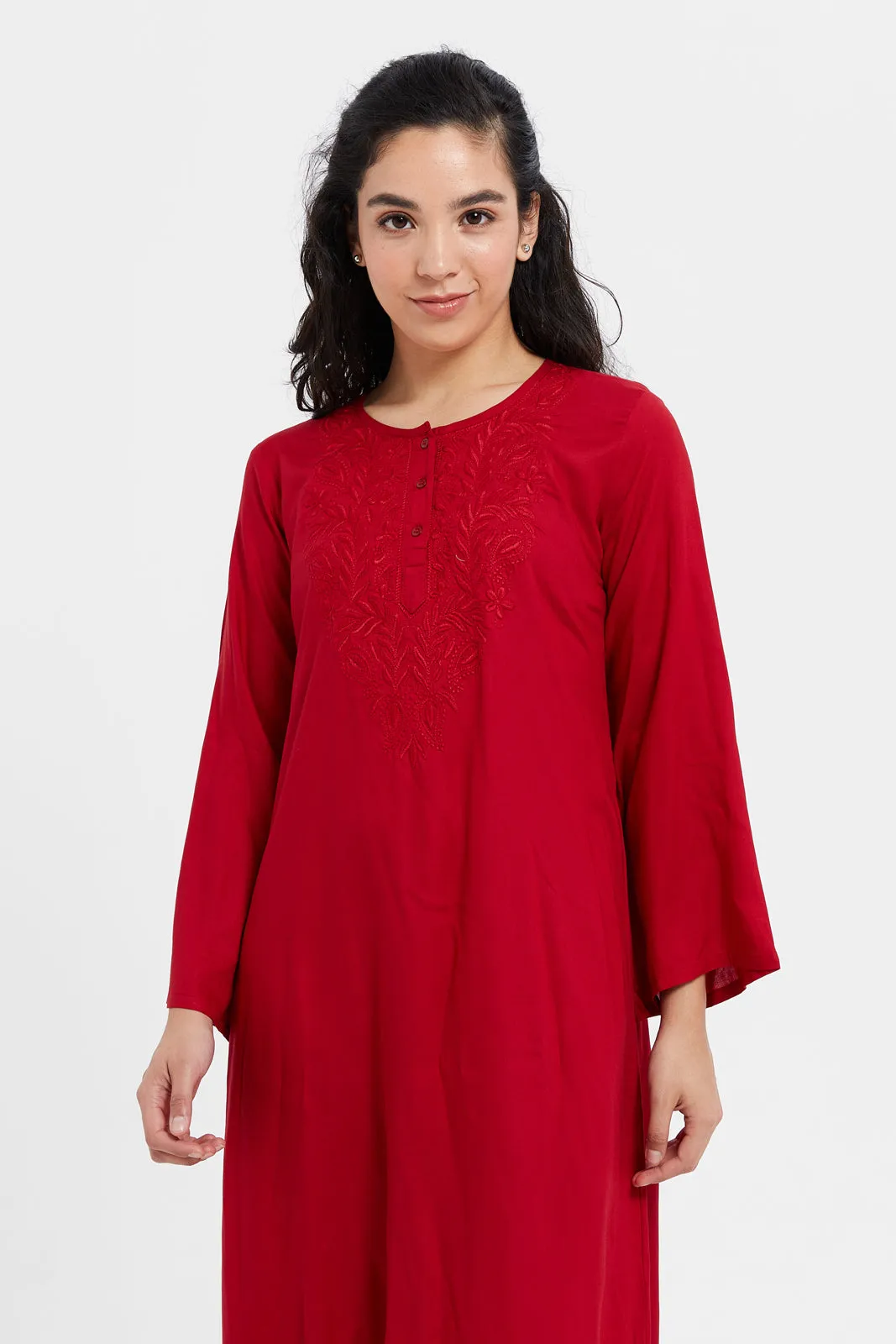 Women Red Embroidery Nightgown