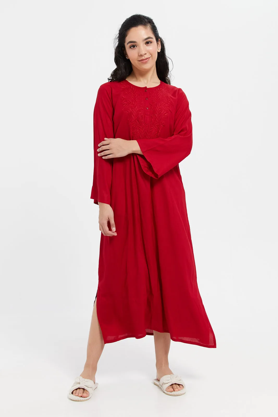 Women Red Embroidery Nightgown