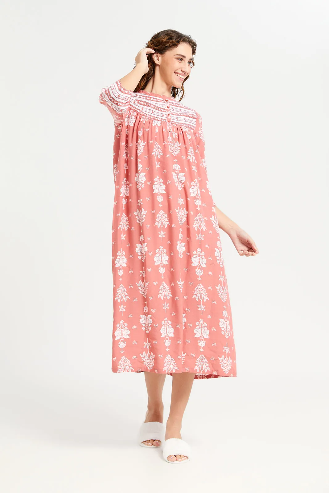 Women Red Printed Border Nightgown