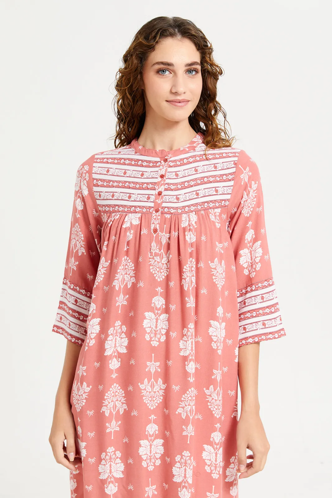Women Red Printed Border Nightgown