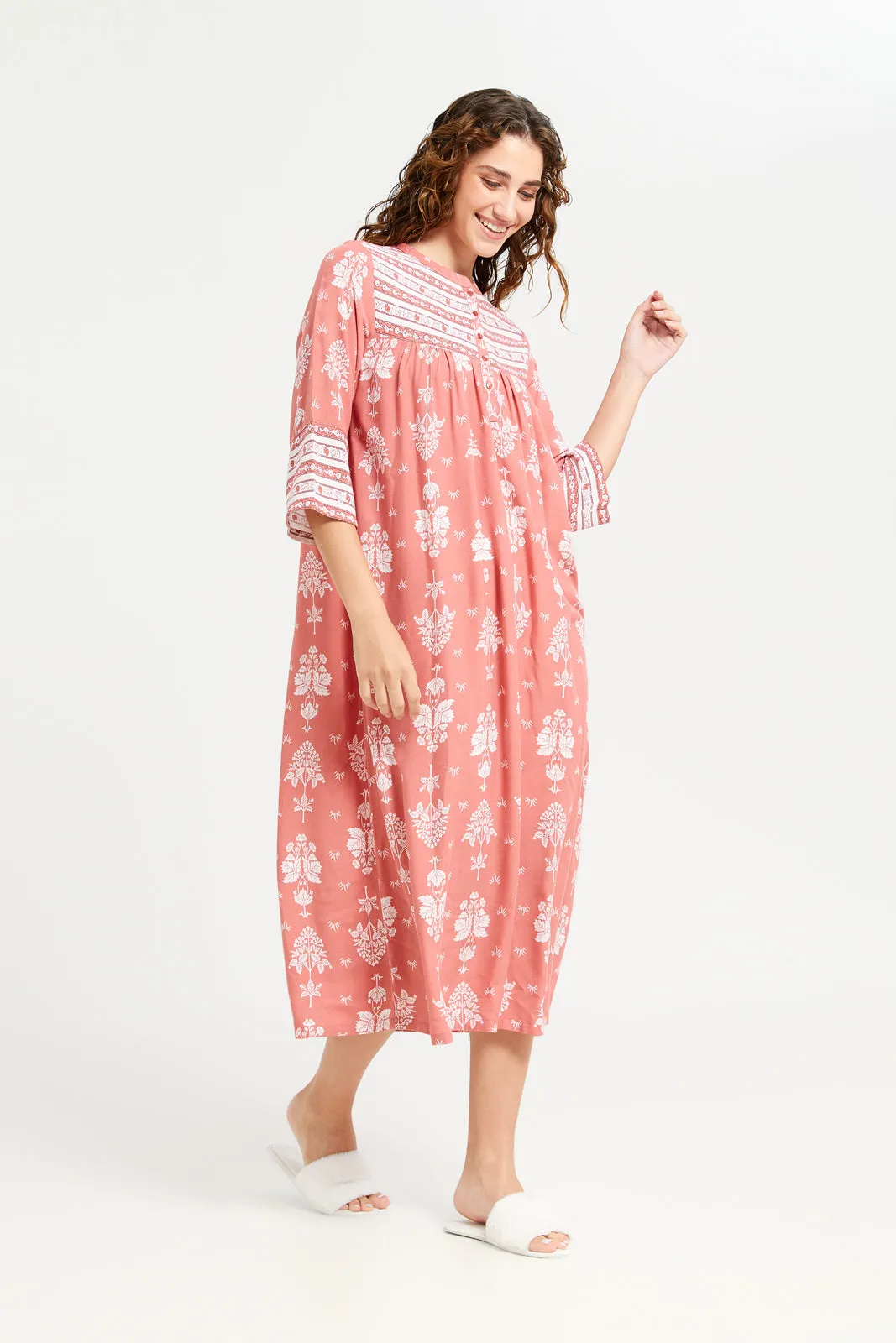 Women Red Printed Border Nightgown