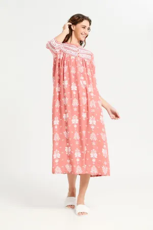 Women Red Printed Border Nightgown