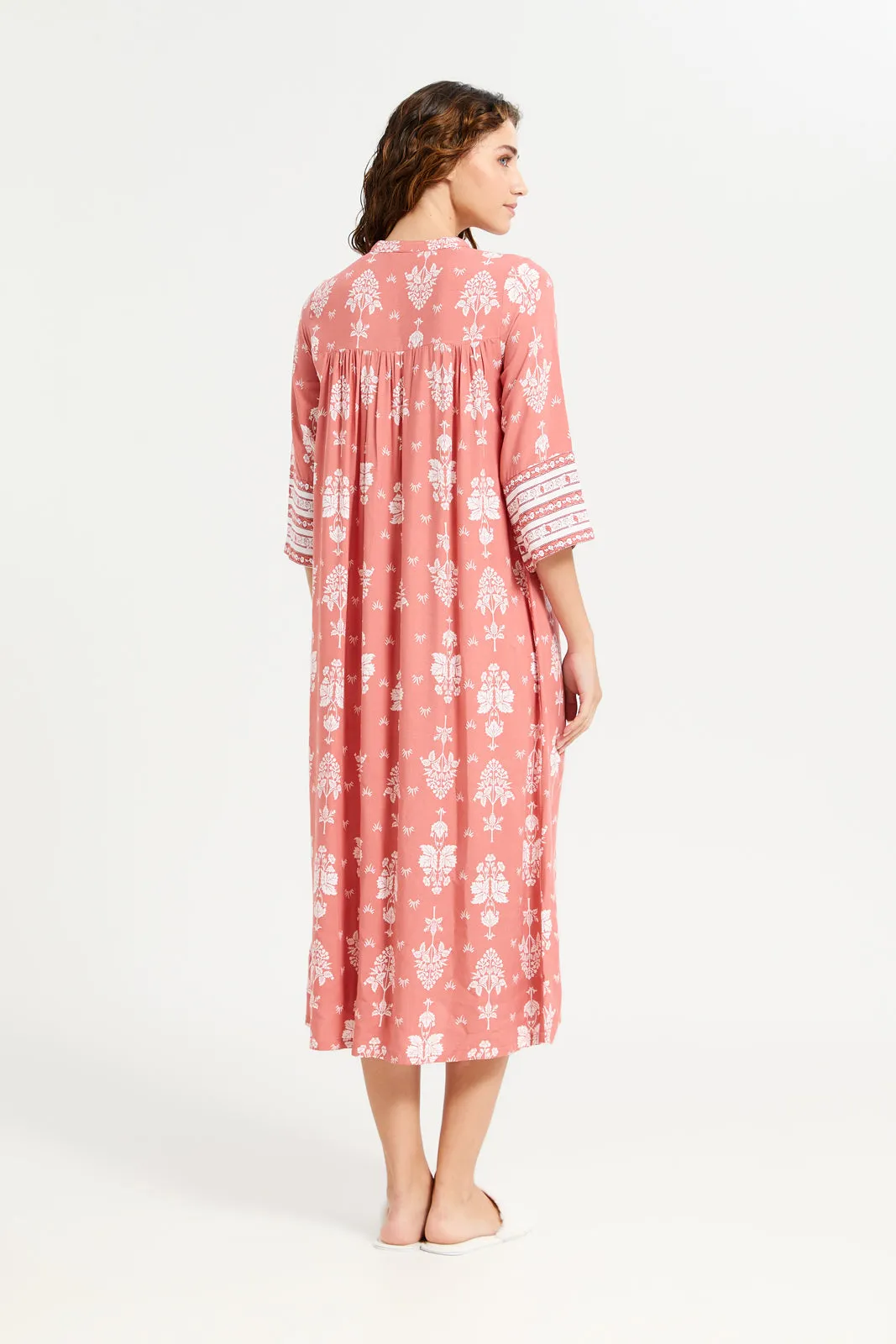 Women Red Printed Border Nightgown