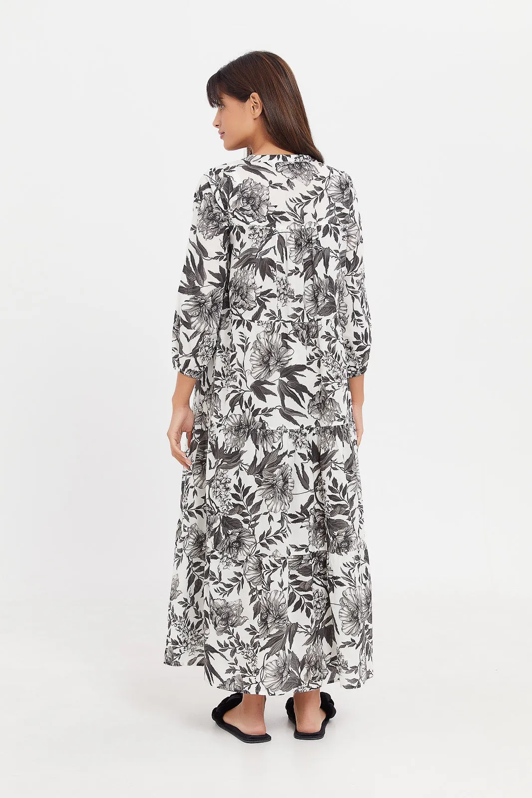 Women White And Grey Printed Nightgown