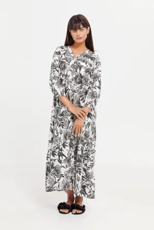 Women White And Grey Printed Nightgown