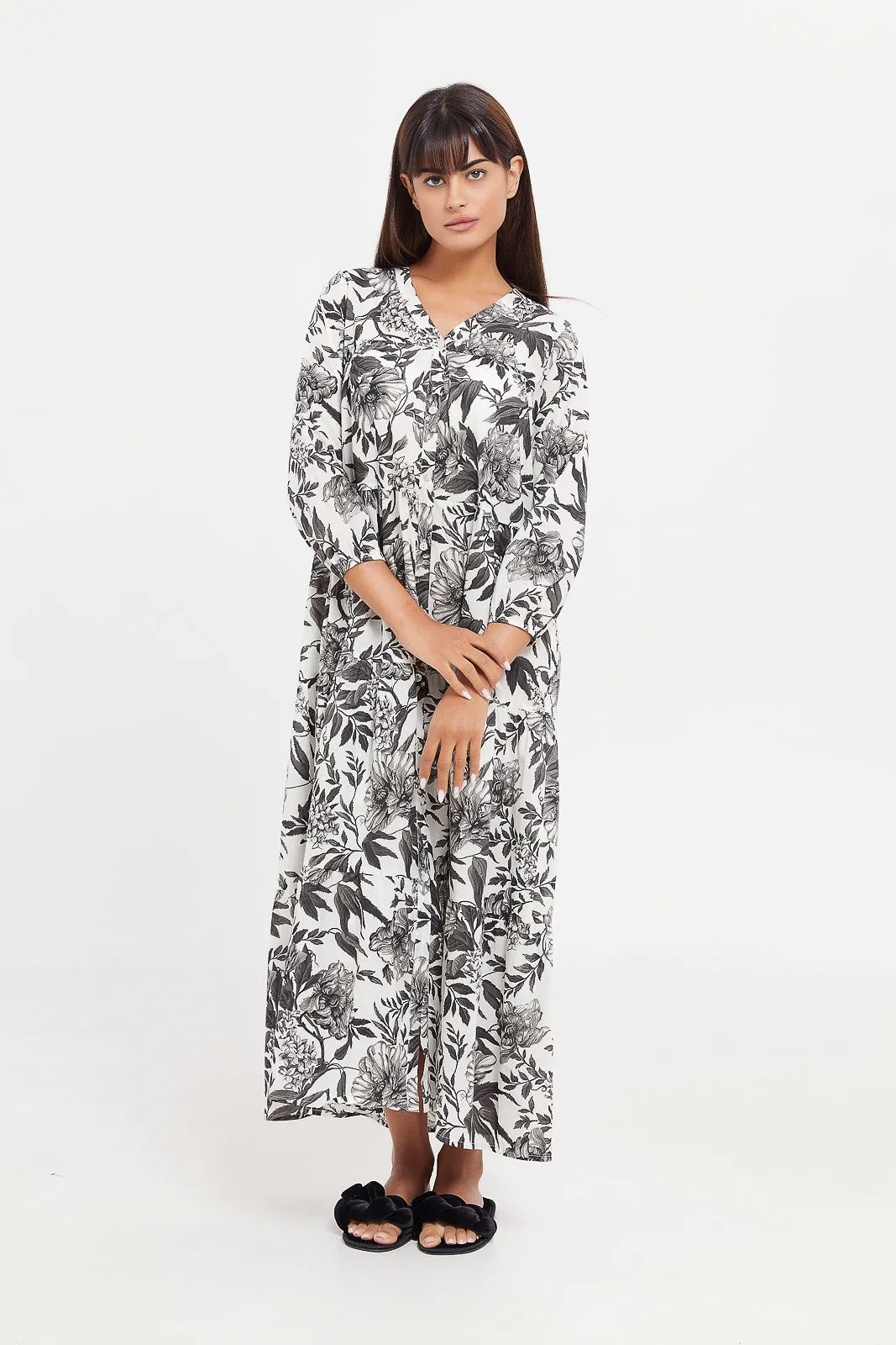 Women White And Grey Printed Nightgown
