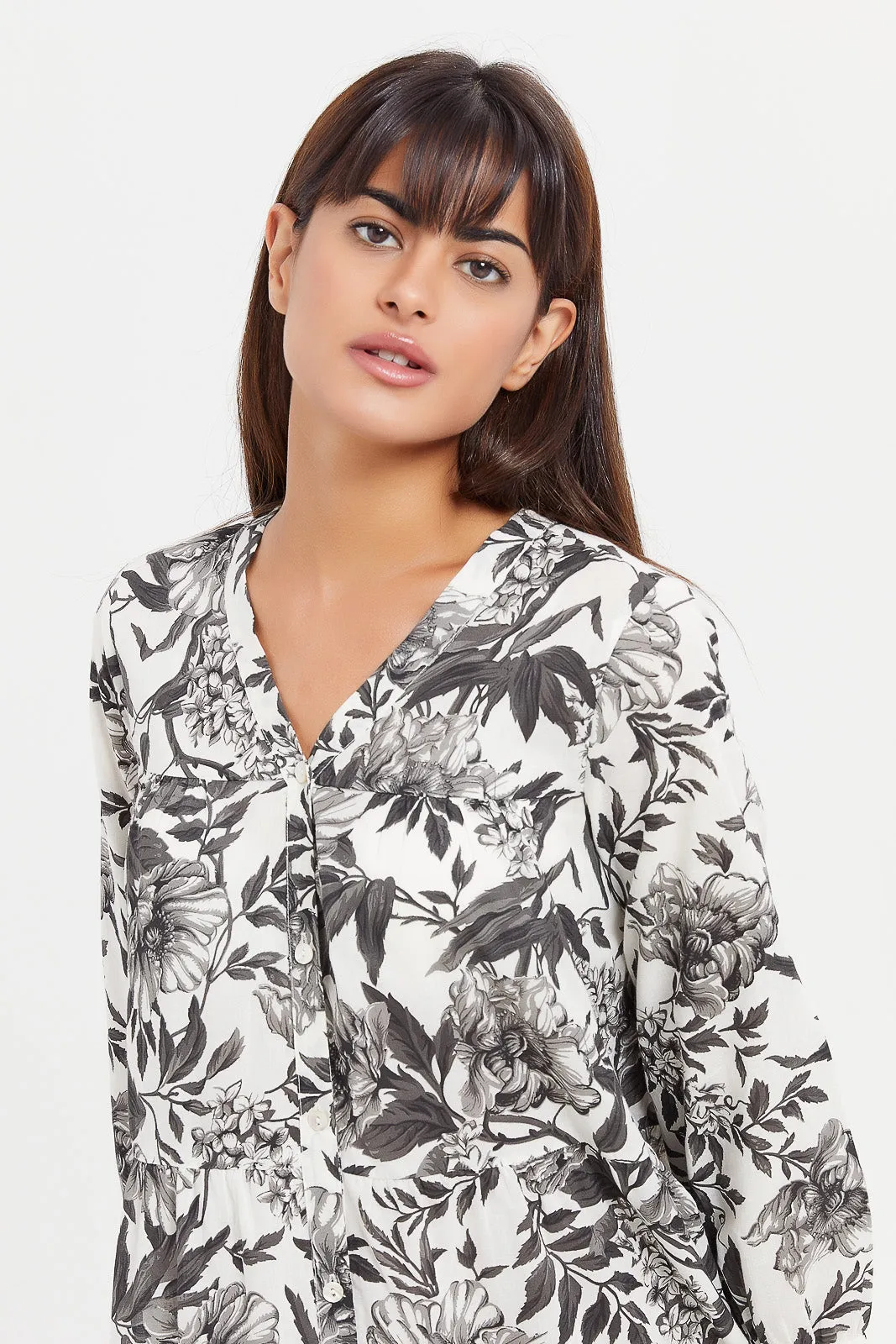 Women White And Grey Printed Nightgown