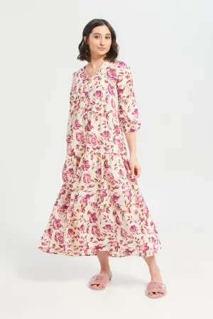 Women White And Pink Floral Print Nightgown